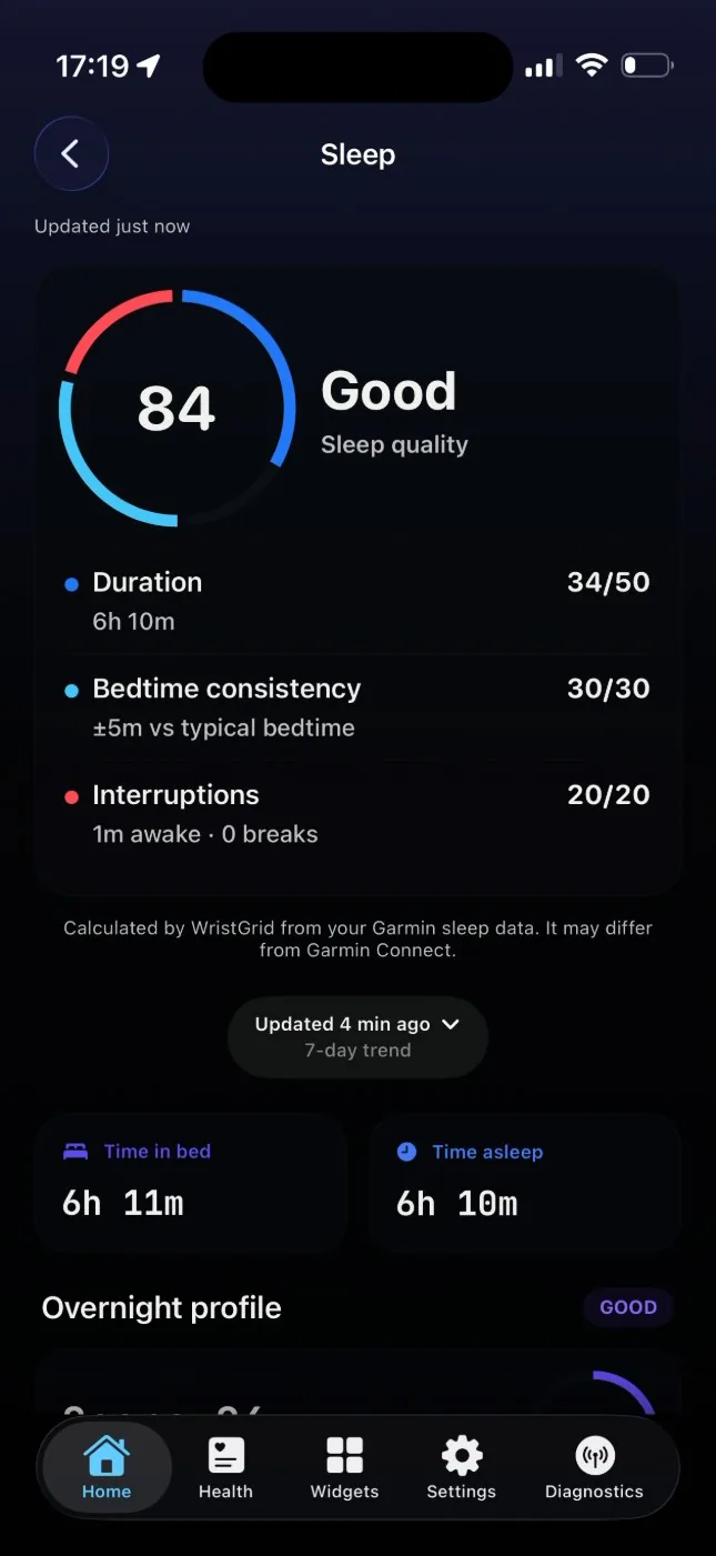 The WristGrid sleep score screen