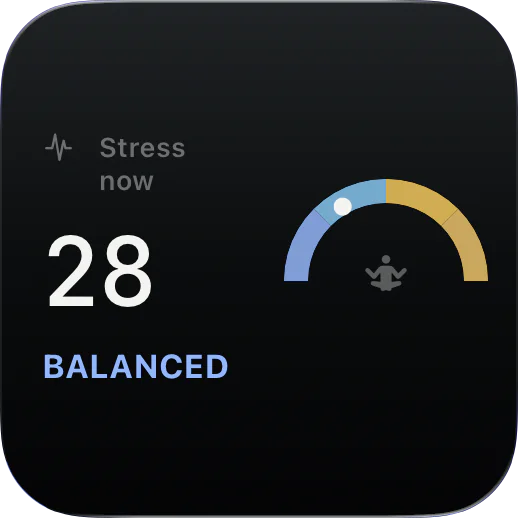 WristGrid Stress widget showing stress now at 28, Balanced, on a band gauge